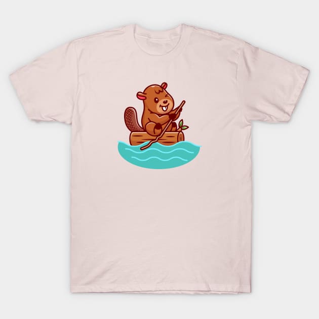 Cute Beaver Rowing On River Cartoon T-Shirt by Catalyst Labs